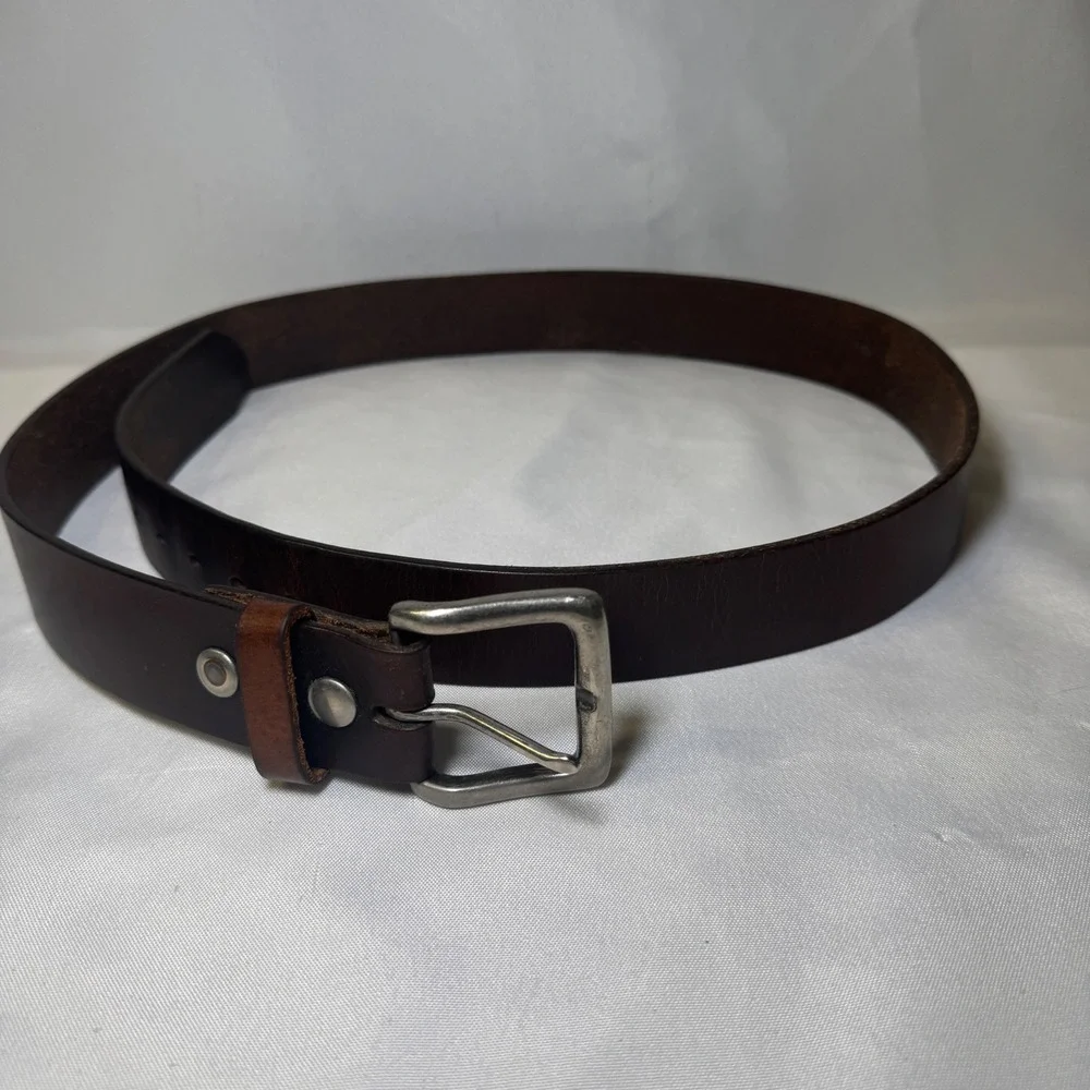 Mens Dark Brown Leather Belt Size 40 Silver Buckle Casual Rugged G38-02 46 Inch
